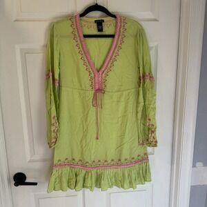 Moda International M Green Pink Embroidered Short Cottagecore Boho Babydoll Y2k